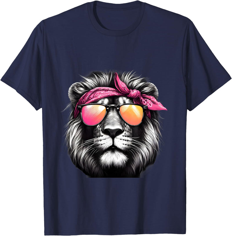 Fashionable Animals Wearing Pink Bandanas Lion Wearing a Pink Bandana Headband and Sunglasses T-Shirt - Navy Blue