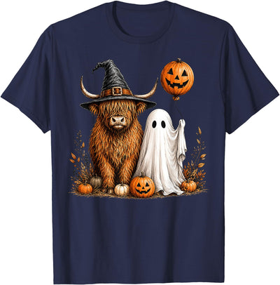 Fall Highland Cow Ghost Autumn Pumpkin Halloween Spooky T-Shirt