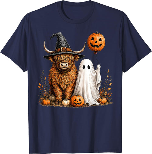 Fall Highland Cow Ghost Autumn Pumpkin Halloween Halloween Highland Cow, Spooky Highlander Cow Fall T-Shirt - Navy Blue
