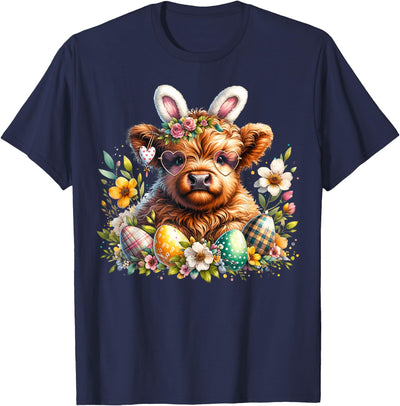 Highland Cow Land of Nyc Easter Bunny Moo Basket Egg Floral T-Shirt