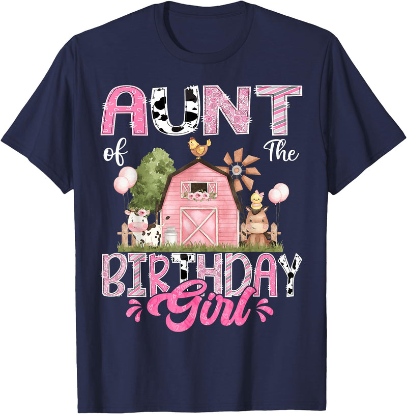Famer Pink Cow Birthday Matching Tees Aunt Of The Birthday Girl 1St Birthday Pink Cow Farm T-Shirt - Navy Blue