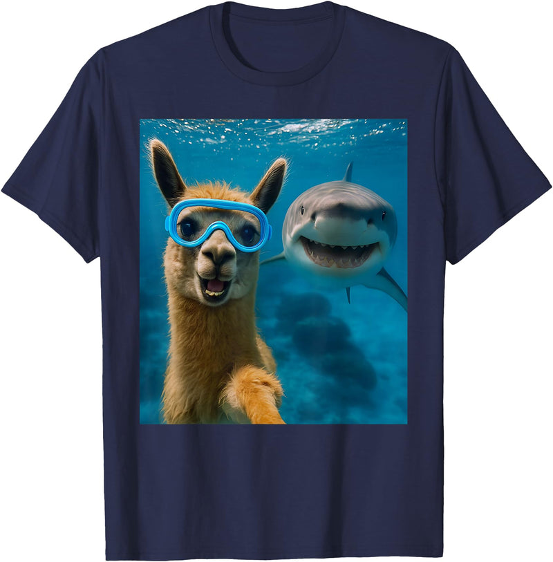 Selfie Llama and Shark Summer Scuba Diving Funny Llama Selfie with Shark Ocean Lovers T-Shirt - Navy Blue