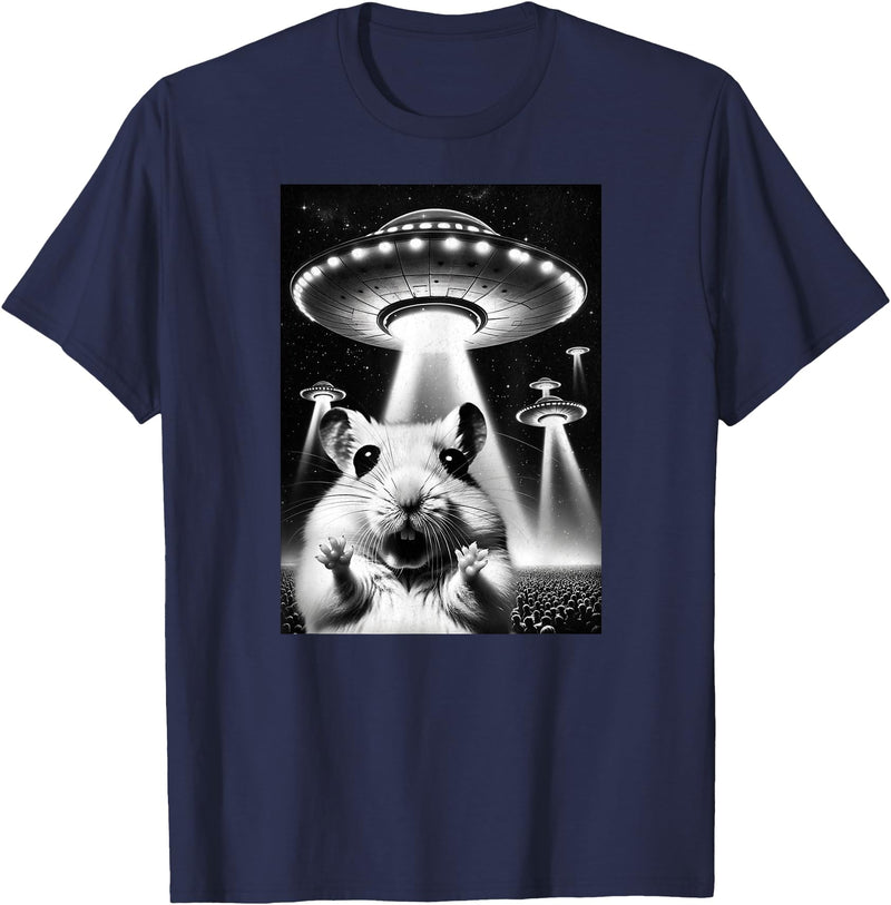 Hamster UFO | Funny Invasion Meme Alien Hamster UFO Selfie T-Shirt - Navy Blue
