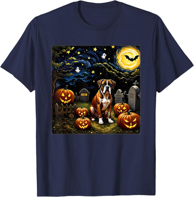 Starry Night Boxer Dog Halloween Spooky Halloween Boxer Dog Starry Night T-Shirt for Men Women Kids