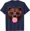Bear Face Wearing Glasses Apparel For Women ladies Cute Bear Face Eating Gum and Makes Bubble Funny Bears Women T-Shirt - Navy Blue