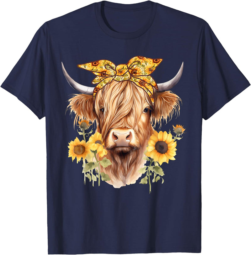 Kala Floral Highland Cow Designs Cute Scottish Highland Cow Wearing Sunflower Bandana Heifer T-Shirt - Navy Blue