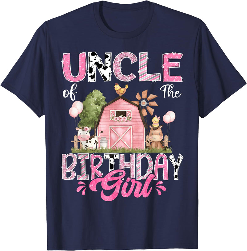 Famer Pink Cow Birthday Matching Tees Uncle Of The Birthday Girl 1St Birthday Pink Cow Farm T-Shirt - Navy Blue