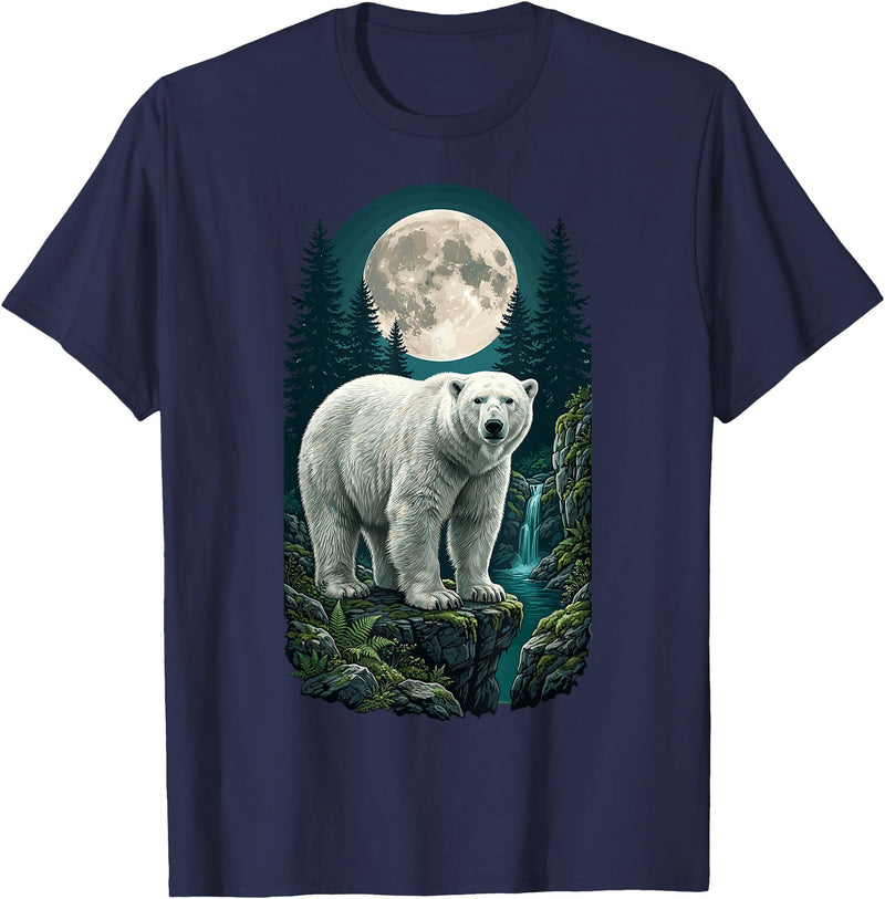 Polar Wilderness Fan Wildlife Lover Polar Bear Full Moon Night Forest Wildlife Nature Lover T-Shirt - Navy Blue