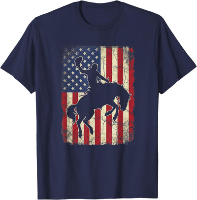 Cool Horse Riding 4th of July Clothes Rodeo Cowboy Western Country Bucking Horse USA Flag T-Shirt