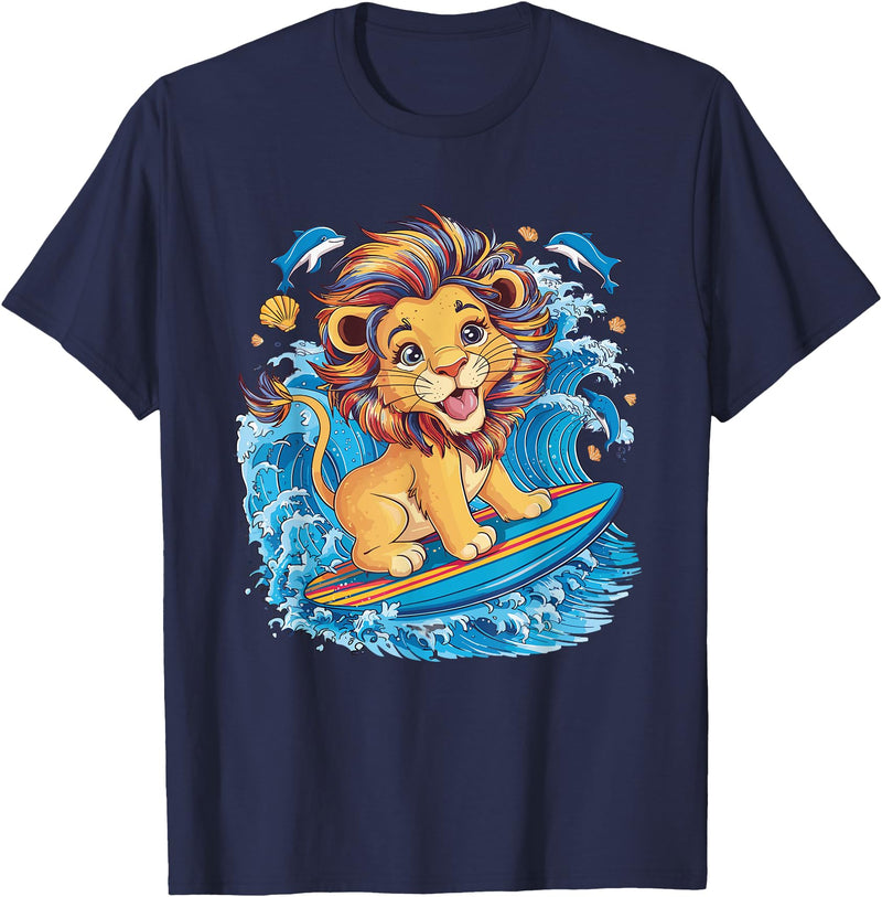 Cute Lion surfing gifts Cute Surfing Lion Riding the Waves T-Shirt - Navy Blue