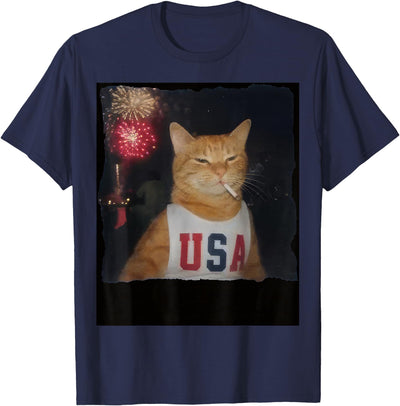 Funny Cat July 4th Fireworks Funny Patriotic Orange Cat Fireworks 4th of July USA Flag T-Shirt