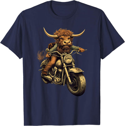Scottish Highland Cow Cattle Hairy Cow Rides Motorcycle T-Shirt