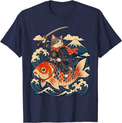 SKLVL Samurai Cat Riding Koi Anime Japanese Warrior Art T-Shirt