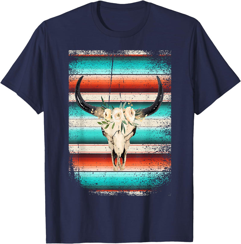 Funny Serape Cow BOHO designs Funny Serape Cow BOHO print Flower Rustic Turquoise T-Shirt - Navy Blue