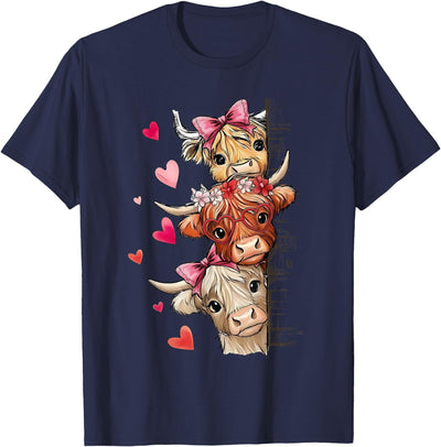 Cute Highland Cow Valentine Cow Lover Trio Hearts Valentine T-Shirt