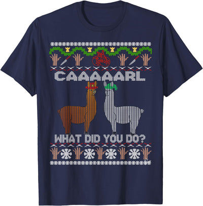 llama shirt collection by Jean Olivier funny llama with hats Christmas look carl what did you do T-Shirt