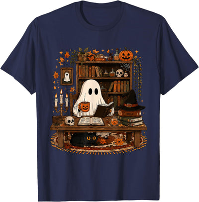 Retro Ghost Reading Funny Halloween Spooky Book Lover T-Shirt