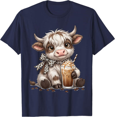 Highland Cow Drinking Iced Coffee Lover Funny Animal Meme T-Shirt