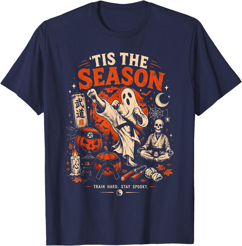 Halloween Pumpkin Ghost Martial Artists Karate Tis The Season Karate Pumpkin Ghost Martial Arts Halloween T-Shirt - Navy Blue