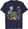 Bunny Floral Rabbit Colourful Flowers Easter Vintage Cute T-Shirt in Navy Blue