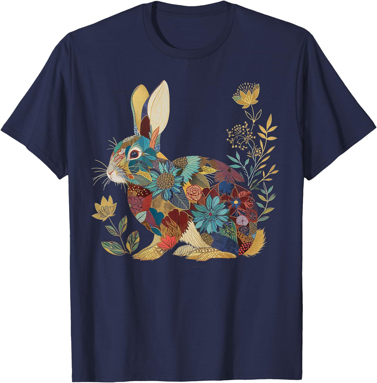 Bunny Floral Rabbit Colourful Flowers Easter Vintage Cute T-Shirt in Navy Blue