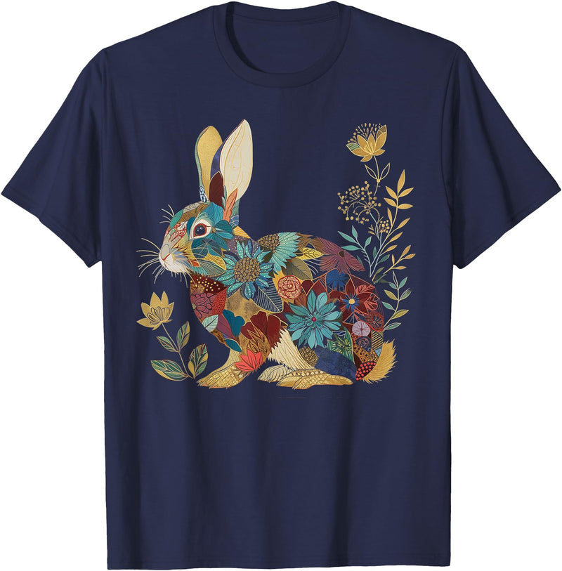Bunny Floral Rabbit Colourful Flowers Easter Vintage Cute T-Shirt in Navy Blue