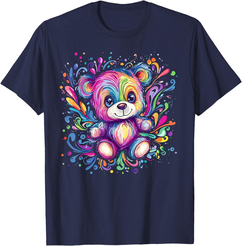 Vibrant Colorful Teddy Bear Illustration Rainbow Splash Teddy Bear T-Shirt - Navy Blue