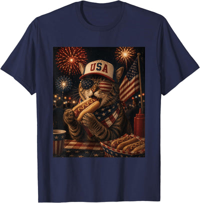 250 Years Party Hotdog Cat Patriotic America USA July 4th Patriotic Cat 250 Eating Hotdog 250 Years Cat Lover T-Shirt