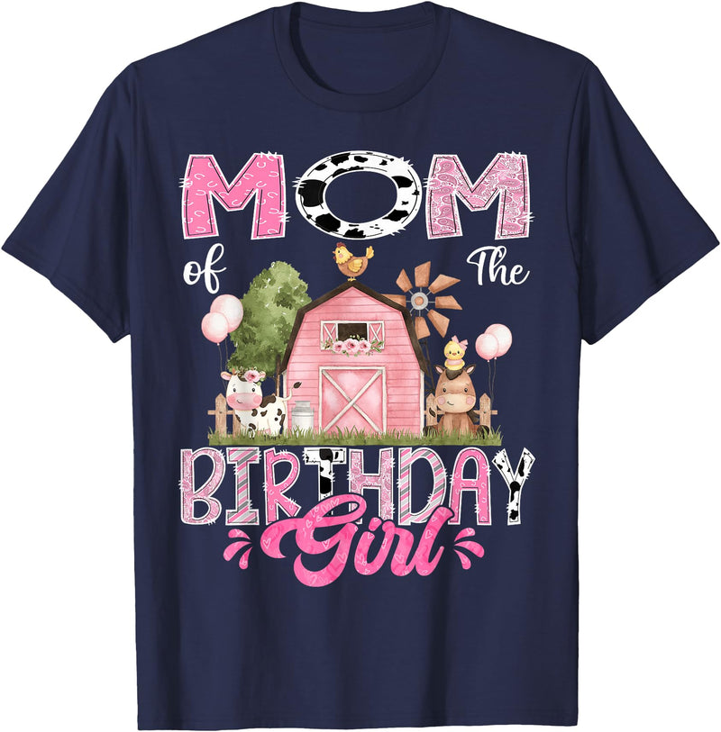 Famer Pink Cow Birthday Matching Tees Mom Of The Birthday Girl 1St Birthday Pink Cow Farm T-Shirt - Navy Blue