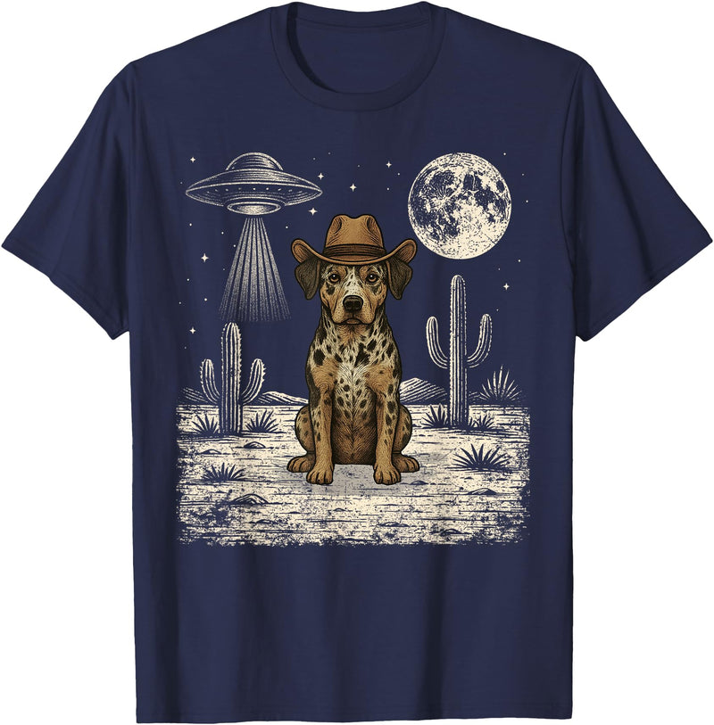 Retro Catahoula Leopard Dog Lover Halloween Moon Funny Catahoula Leopard Dog Cowboy Western UFO T-Shirt - Navy Blue