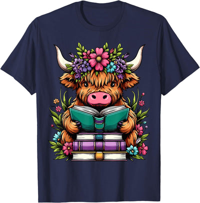 Funny Highland Cow Lover Book Floral Bookworm T-Shirt