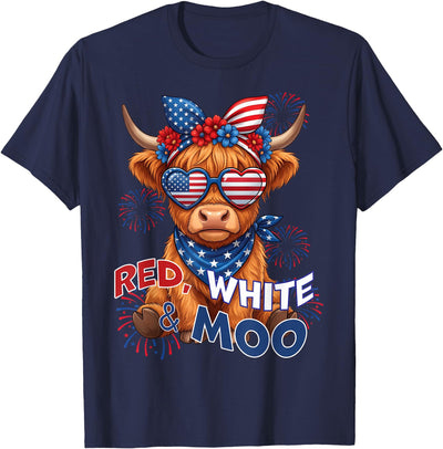 Red White Moo Patriotic Highland Cow 4th July and Moo 250 T-Shirt