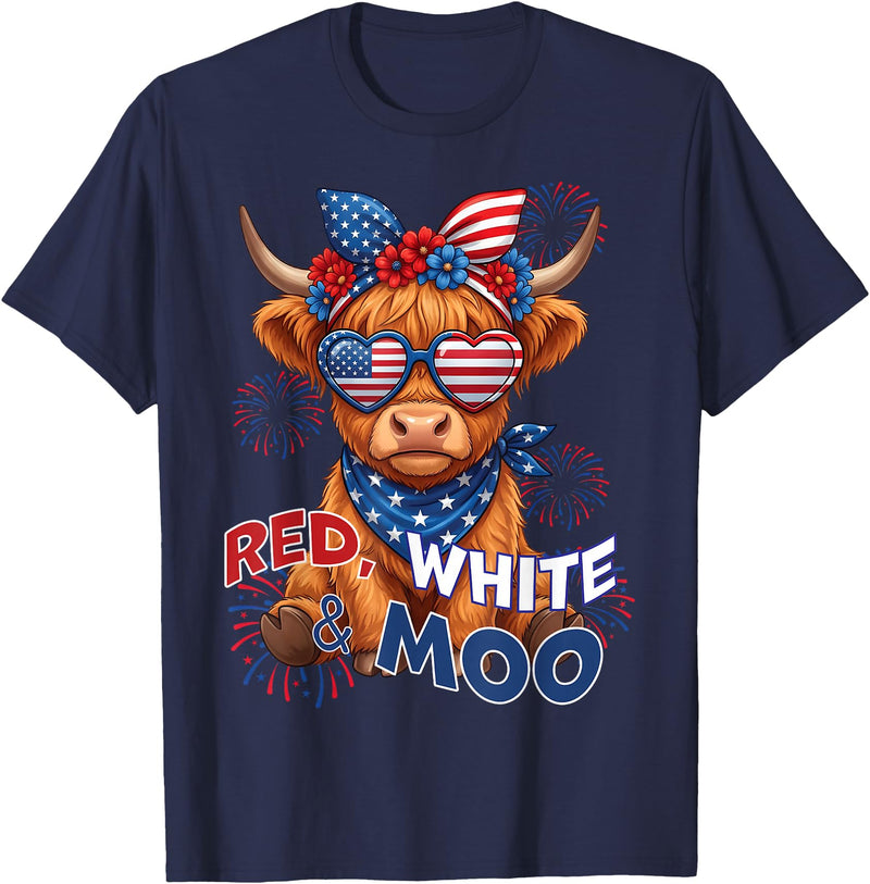 Red White Moo Patriotic Highland Cow 4th July Red White and Moo Highland Cow 4th July 250 Years Patriotic T-Shirt - Navy Blue