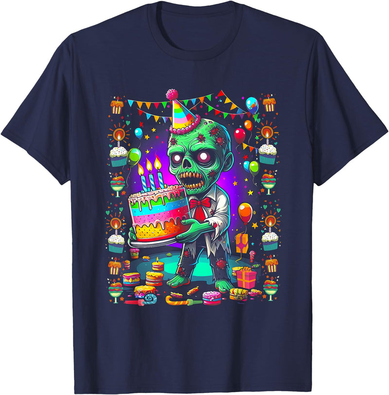 Zombie Holding Birthday Cake Halloween Birthday Horror Party T-Shirt - Navy Blue