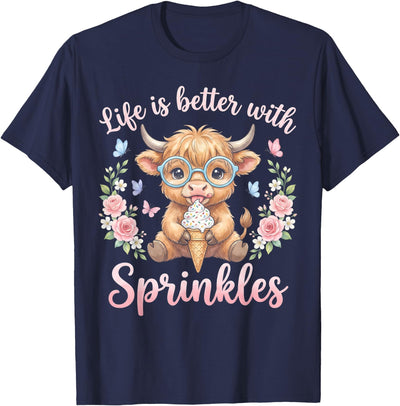 Life Is Better with Sprinkles Highland Cow Ice Cream Summer T-Shirt