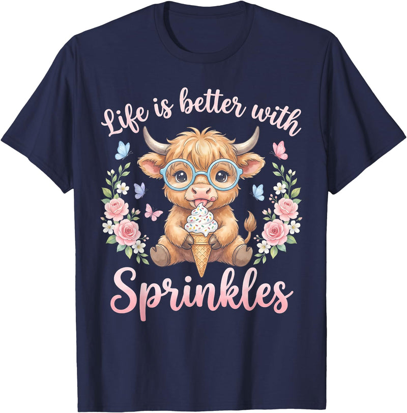 Funny Highland Cow And Summer Ice Cream Tee Life is Better with Sprinkles Highland Cow Ice Cream Summer T-Shirt - Navy Blue
