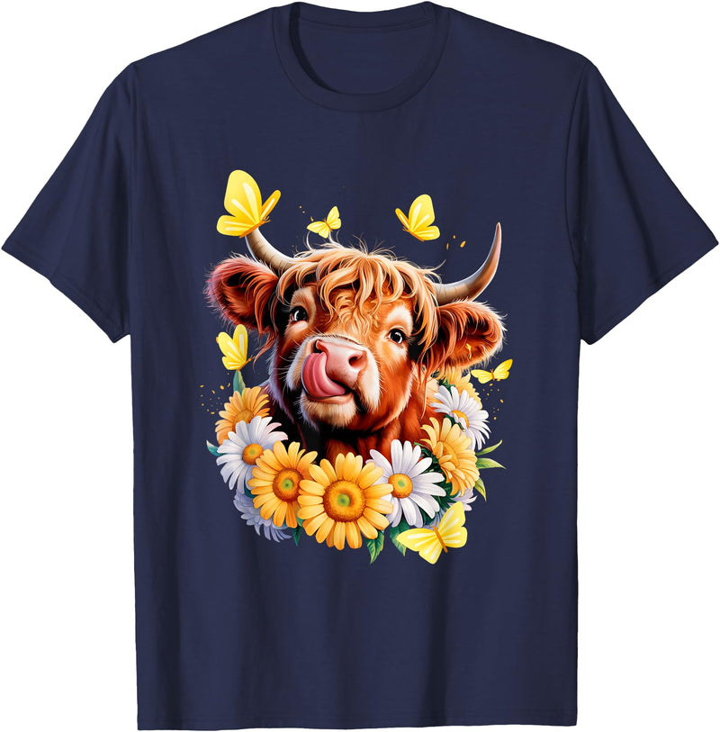 Highland Cow Sunflower Daisies Butterflies Western Animal T-Shirt - Navy Blue