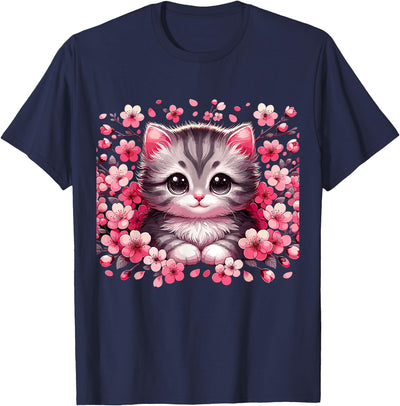 Magical Cat owner Gifts Cherry Blossom Cat Kitten T-Shirt, Small, Black