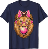 Magical and Funny Lion Gifts Lion with Bubble Gum and Pink Bow T-Shirt - Navy Blue