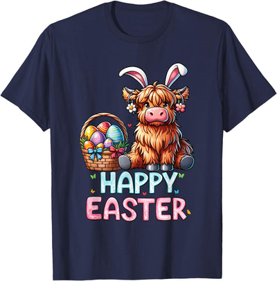 Happy Easter Day Highland Cow Holiday Bunny Women Kids T-Shirt