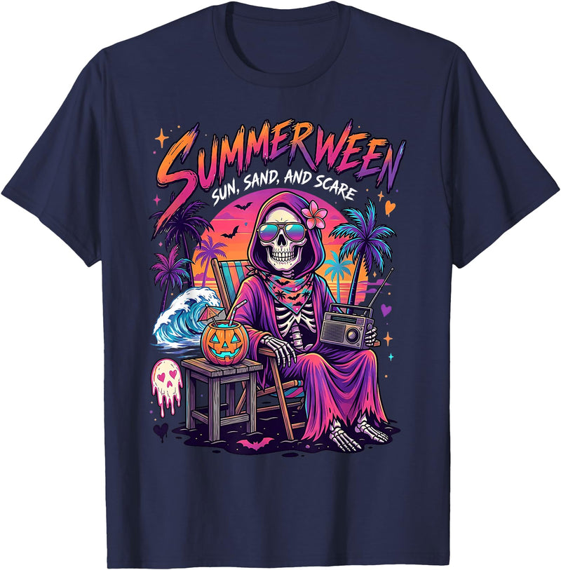 Summerween Halloween in July Spooky Summer Horror summerween Sun Sand and Scare Skeleton Halloween T-Shirt - Navy Blue