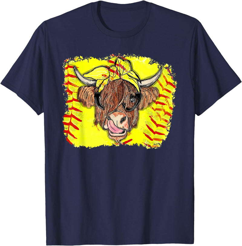 Softball Highland Cow With Bandana Glasses Happy Mother's T-Shirt - Navy Blue