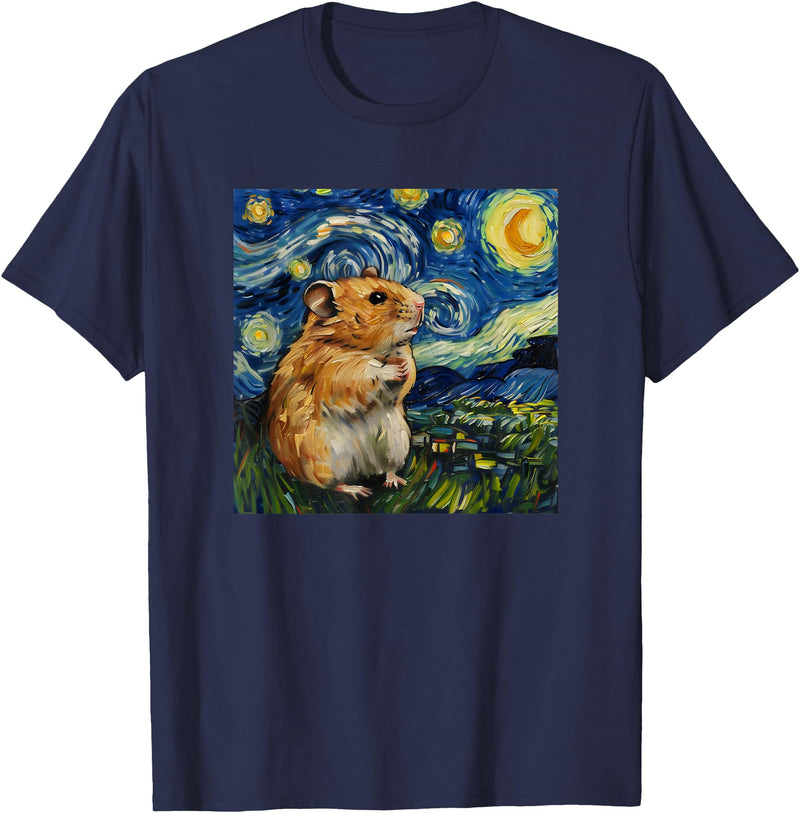 Cute Van Gogh Hamster Starry Night Funny Women & Men T-Shirt - Navy Blue