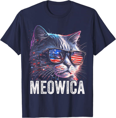 Meowica 4th of July Cat American Flag America USA Funny T-Shirt
