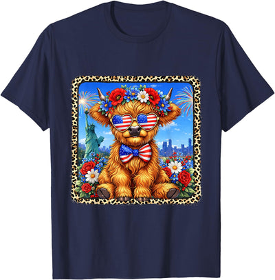 4th of July Cow Patriotic Heart Glasses Usa Floral Leopard T-Shirt