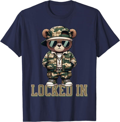 Camo Hip Hop Teddy Bear Locked In Saying Hustle Money Grind T-Shirt