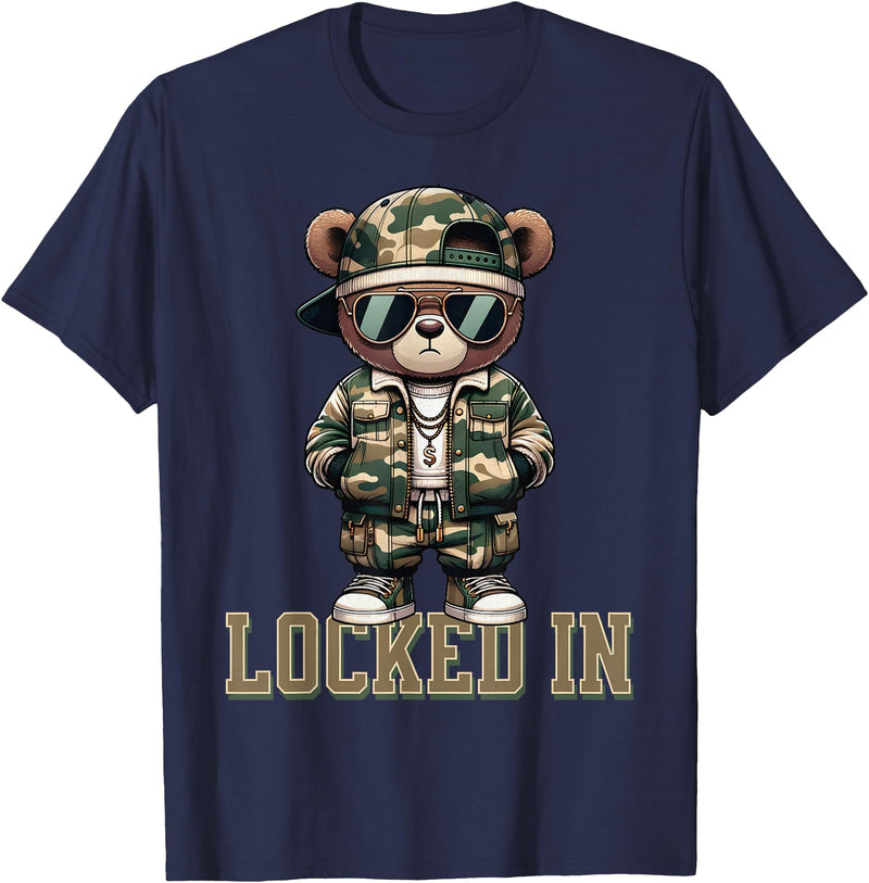 Boys & Mens Camouflage Teddy Bear Streetwear Gear Camo Hip Hop Teddy Bear Locked In Saying Hustle Money Grind T-Shirt - Navy Blue