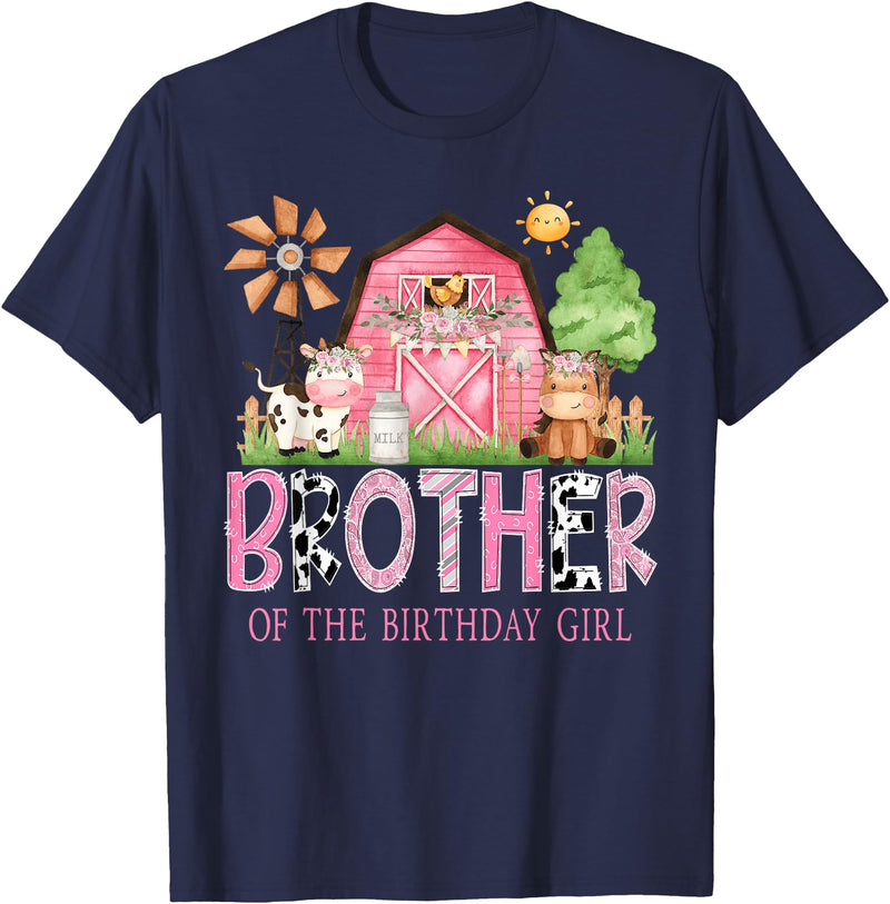 Farmer Pink Cow Birthday Girl Matching Brother of The Birthday Girl 1St Birthday Pink Cow Farm T-Shirt - Navy Blue