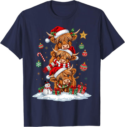 Highland Cow Christmas Winter Tree Farm Women Girl Funny T-Shirt