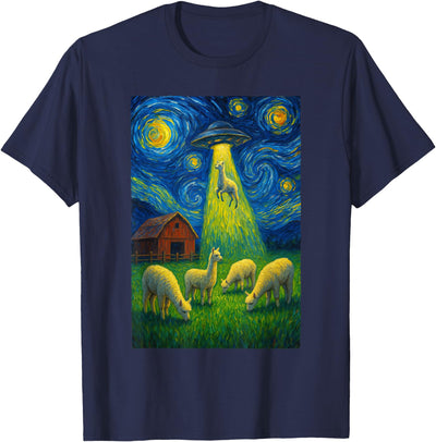 Farming UFO Llama Starry Night Painting Design Llama Alien UFO Abduction Starry Night Farmers T-Shirt